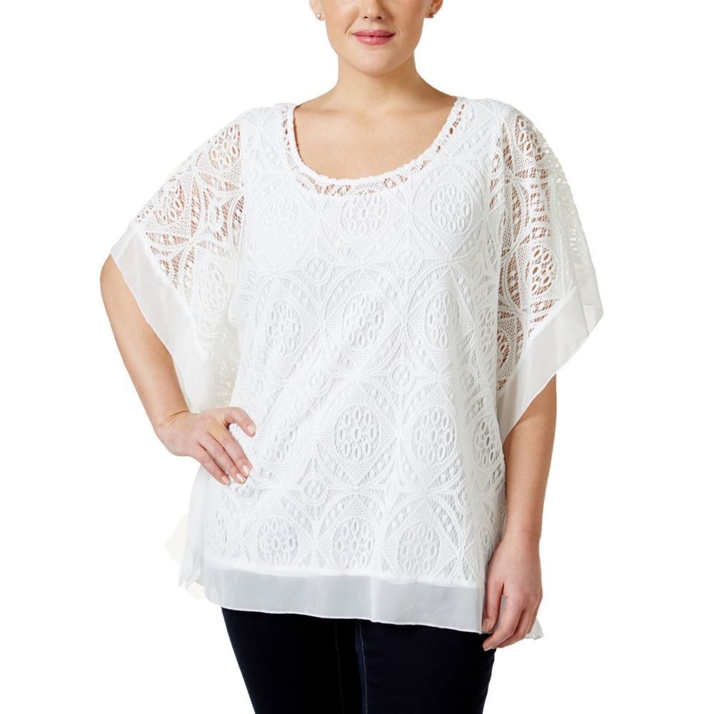 New! JM COLLECTION Women's Plus Size Crocheted Poncho Top Blouse White Batwing